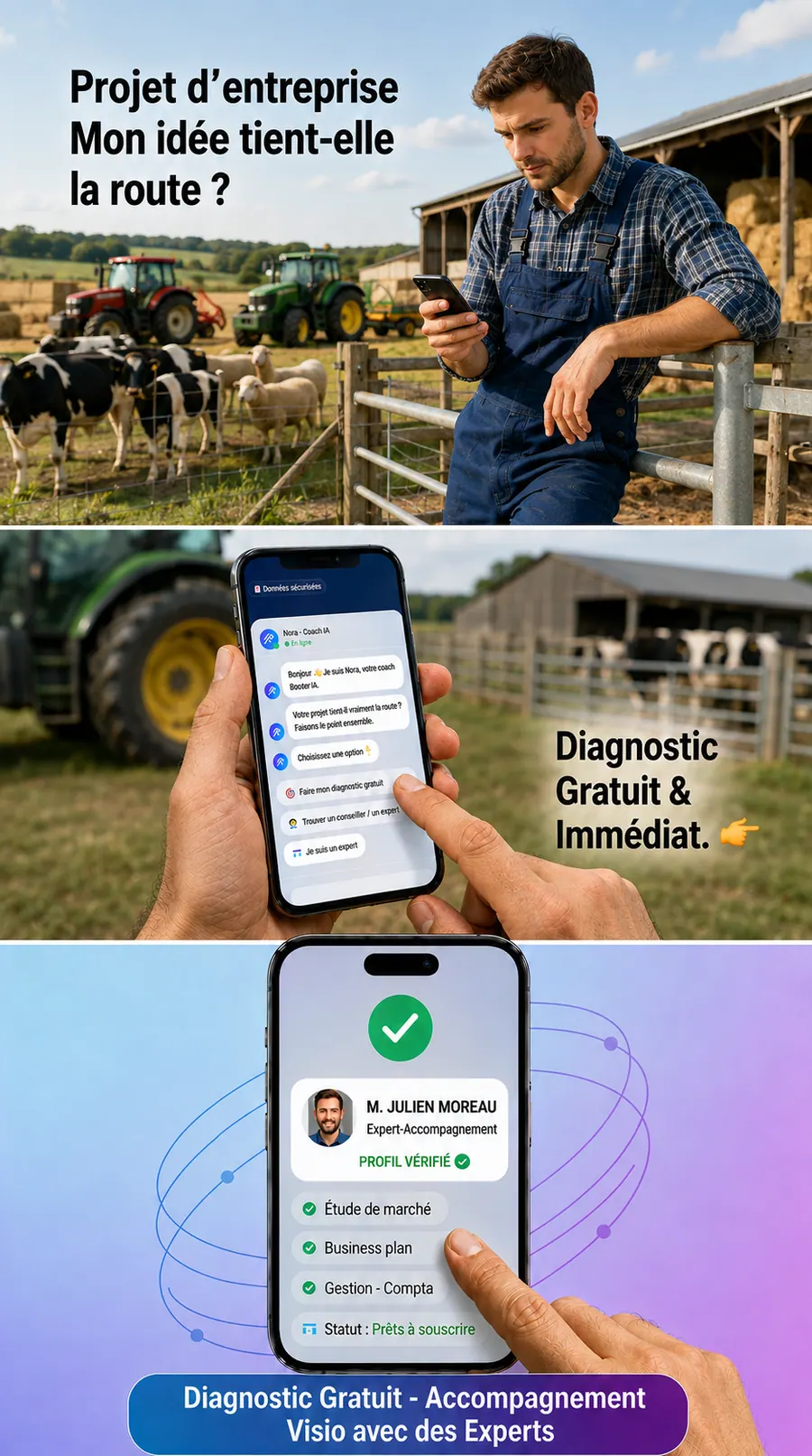 Agriculteur dans son exploitation, consultant sur son telephone le diagnostic de projet BoostPro IA, puis un echange en visio avec un expert verifie