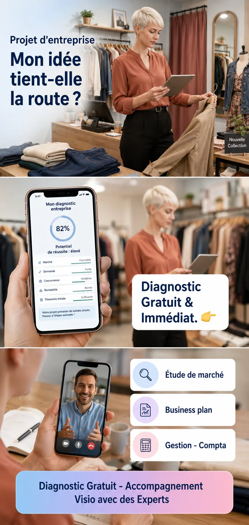 Commercante dans sa boutique de pret-a-porter, consultant sur son telephone le diagnostic de projet BoostPro IA, puis un echange en visio avec un expert verifie
