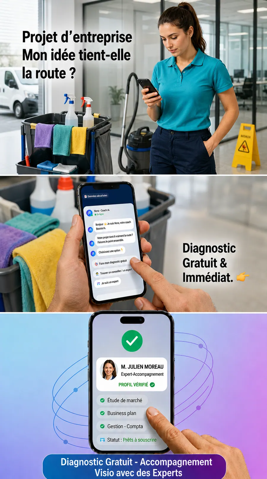 Agent d'entretien en intervention, consultant sur son telephone le diagnostic de projet BoostPro IA, puis un echange en visio avec un expert verifie
