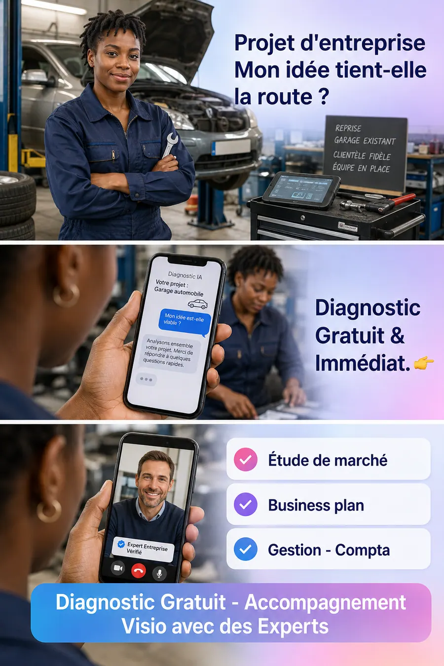 Garagiste dans son atelier, consultant sur son telephone le diagnostic de projet BoostPro IA, puis un echange en visio avec un expert verifie