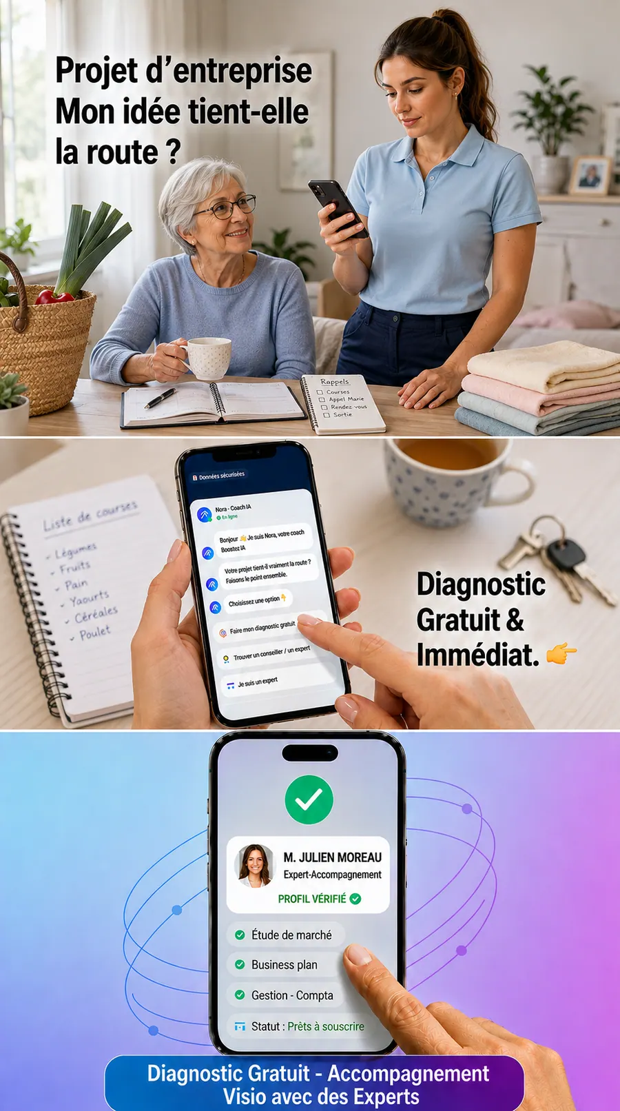 Assistante de vie aupres d'une personne agee, consultant sur son telephone le diagnostic de projet BoostPro IA, puis un echange en visio avec un expert verifie