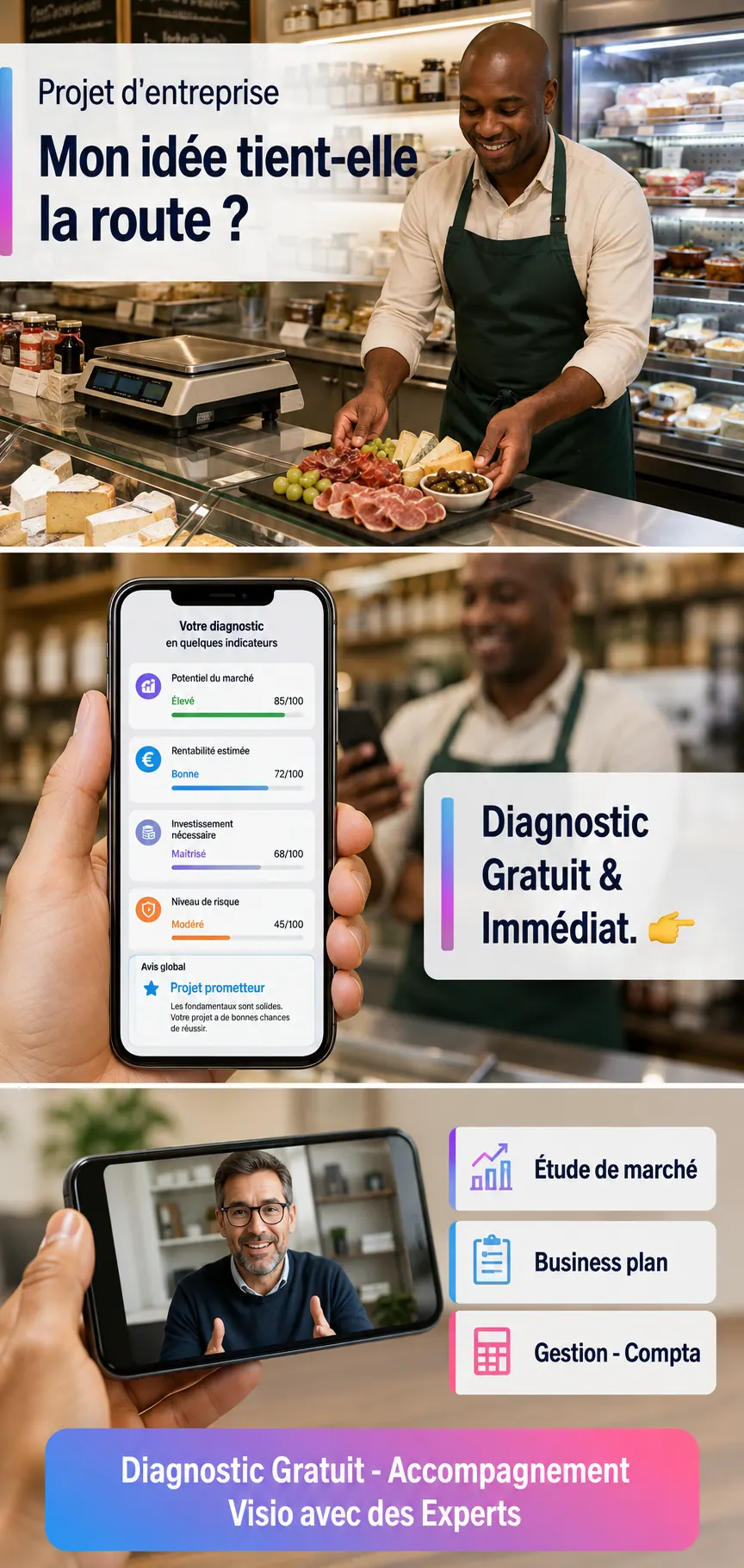 Boucher charcutier traiteur derriere son comptoir, consultant sur son telephone le diagnostic de projet BoostPro IA, puis un echange en visio avec un expert verifie